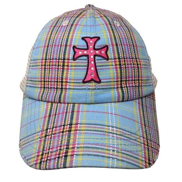 Cross Bling Snapback Trucker Hat Multicolor One Size Adjustable Mesh Back Plaid - Picture 1 of 9